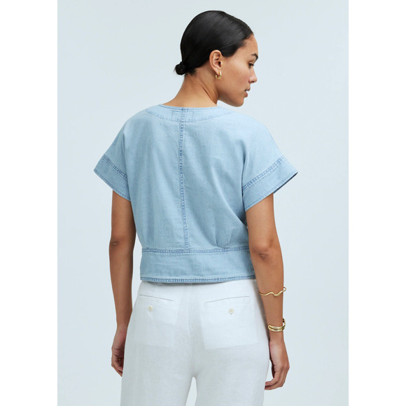 Madewell Denim Pleated Short-Sleeve Top in Doral Wash NP039 Size XL $88 - Picture 4 of 9